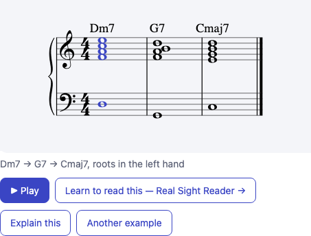 A ii–V–I progression on a grand staff with chord symbols, mid-playback with the G7 chord highlighted