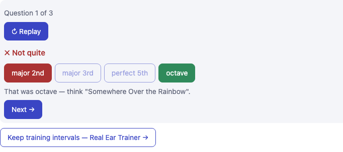 An interval quiz question showing a wrong pick in red, the right answer in green, and a mnemonic