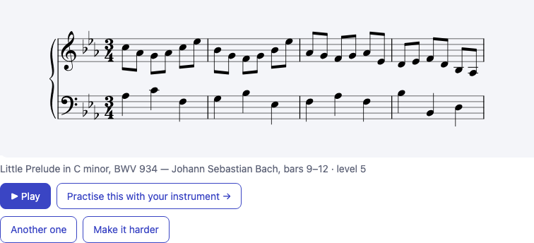 A level 5 sight-reading passage from Bach's Little Prelude in C minor, shown as a grand staff with Play and follow-up buttons